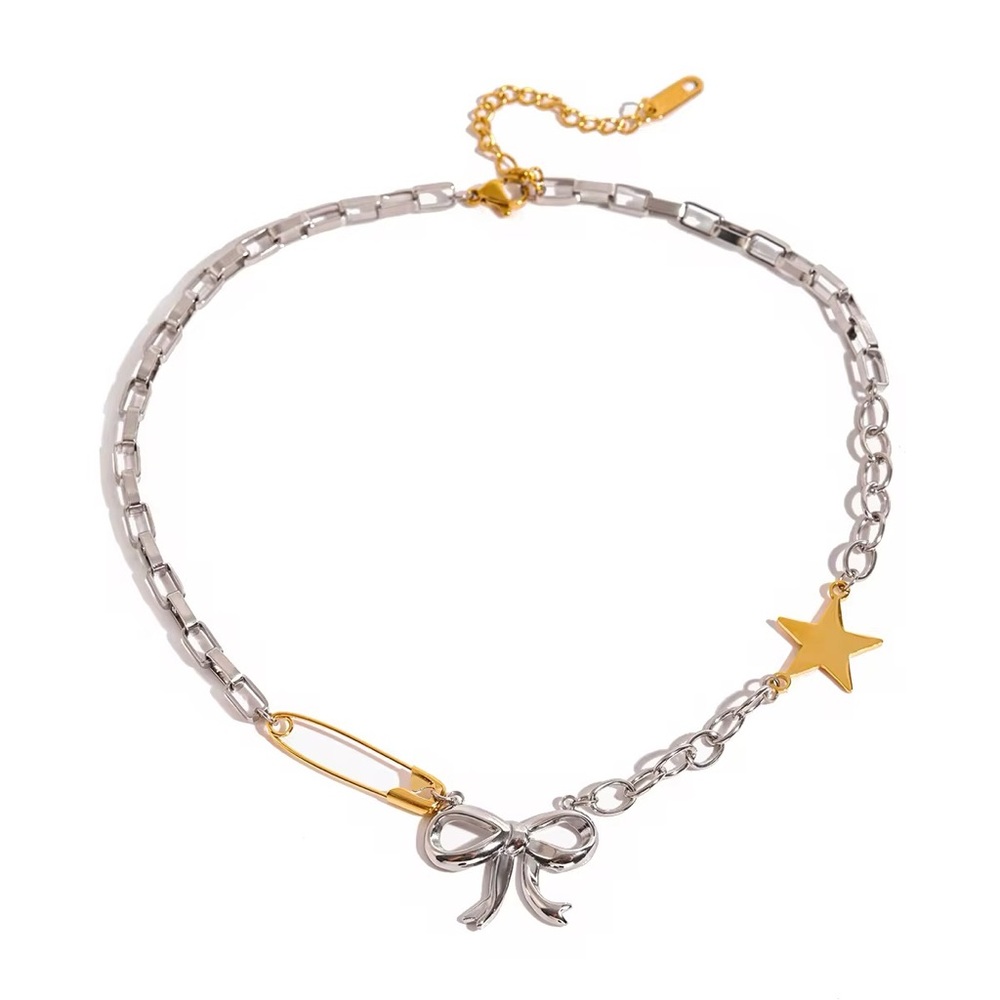 18K Gold Plated Stainless Steel Mix Chain Bow Star Necklace